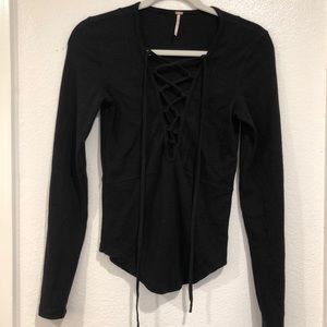 Free people black front tie up knit shirt
